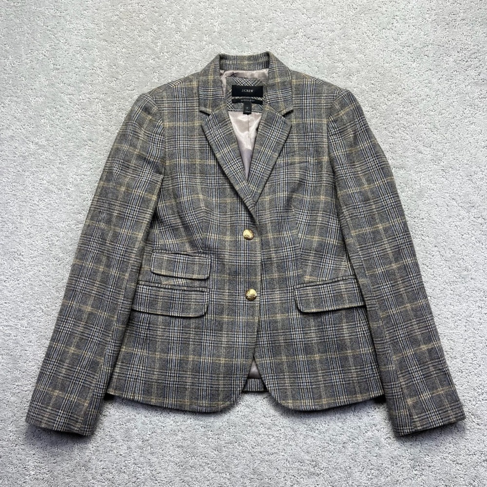 J.Crew Schoolboy Blazer Womens Size 2 Grey Blue Plaid Wool Blend Crest Buttons